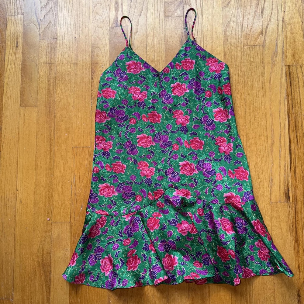 Vintage Victoria's Secret‎ Slip Dress M Green Floral Satin Mini Cottage Babydoll